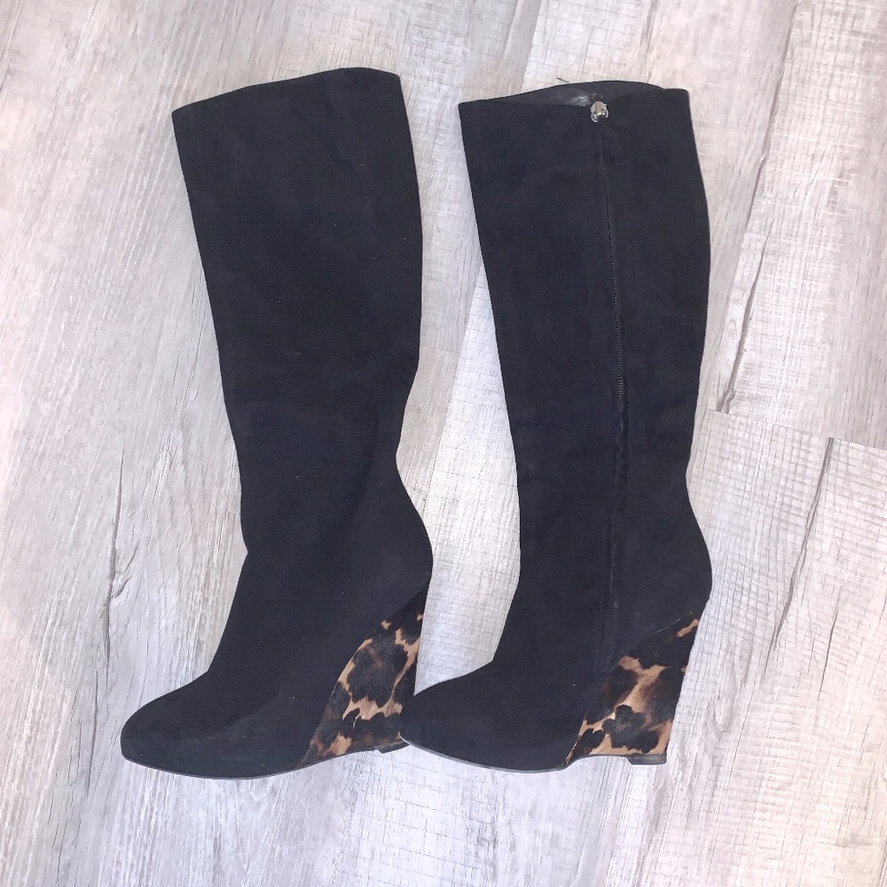 Giuseppe Zanotti Black Suede Boots Leopard Print Wedge Size 37.5